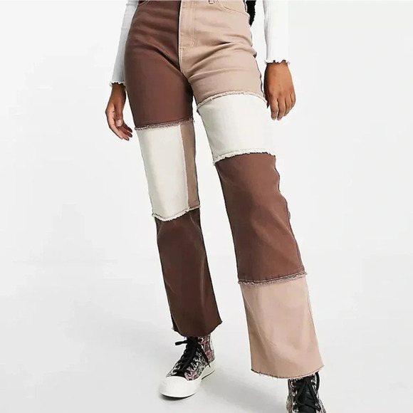 HOLLISTER ULTRA HIGH-RISE BROWN PATCHWORK DAD JEANS SIZE 9 - Picture 2 of 11